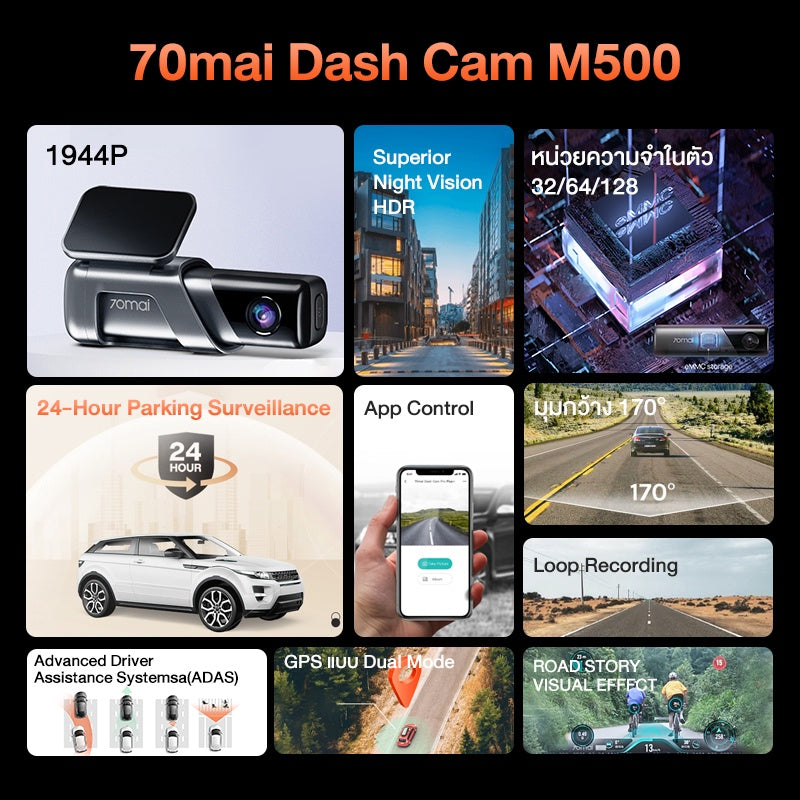 70mai M500 Dash Cam 3K 1944P ADAS กล้องติดรถยนต์ กล้องติดรถ ความละเอียดสูงพิเศษ กล้องรถยนต์ กล้องหน้ารถ มุมมองภาพ 170°