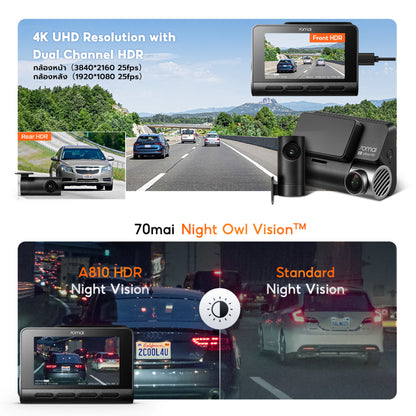 70mai A810 Dash Cam 4K Built-In GPS Full HD WDR 4G 70 Mai Car Camera wifi กล้องติดรถยนต์ รับประกันศูนย์ไทย 3ปี